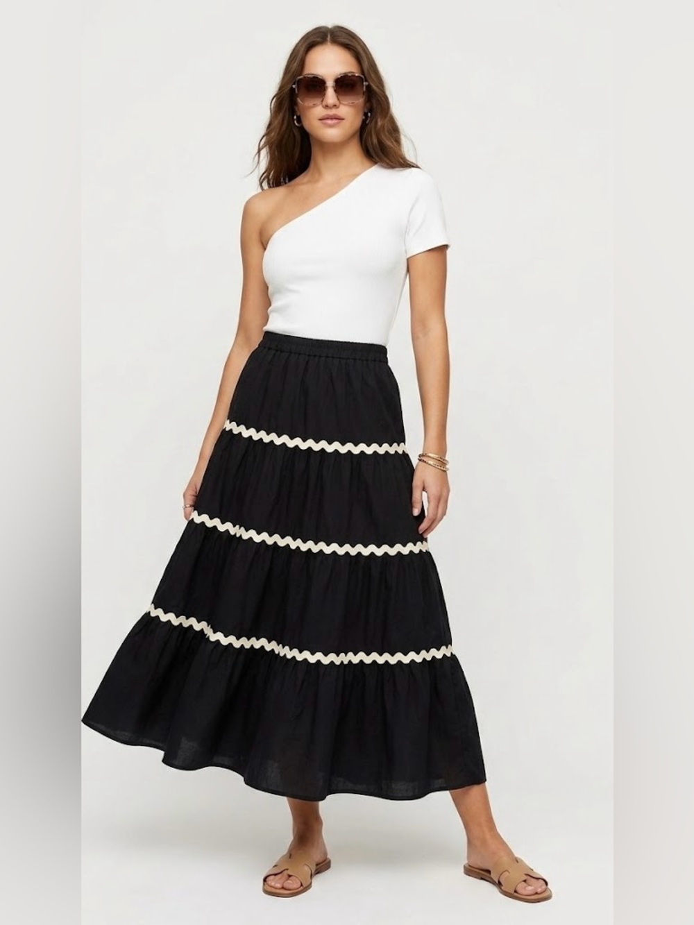 Black Tiered Maxi Skirt with Cream Trim - Women